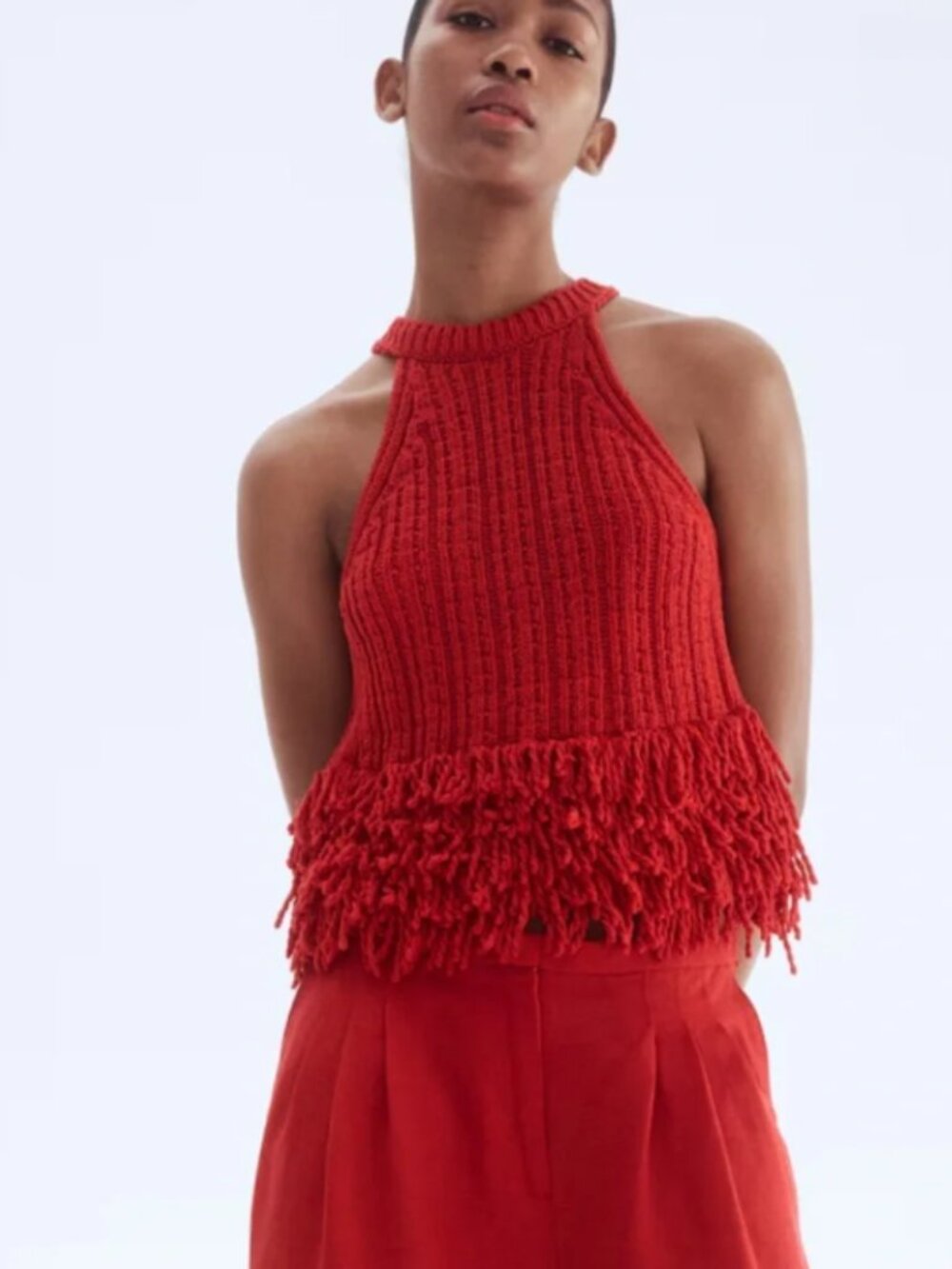 H&M Red Fringe Knit Halter Tank Top Size M Boho Festival Sweater Tank